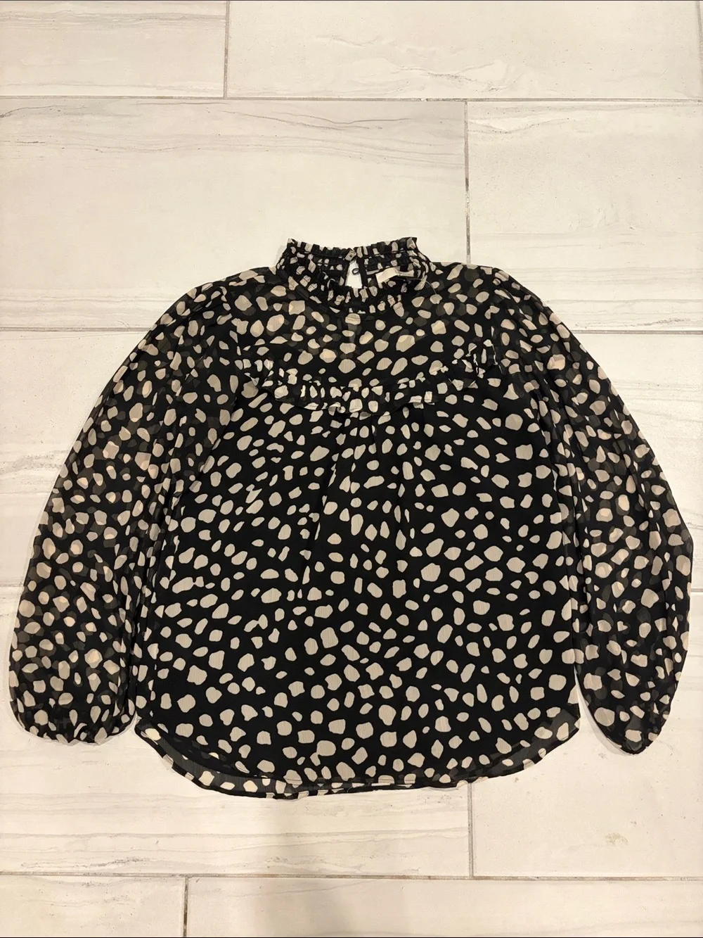 LOFT Black Blouse with Cream Spot Print and Ruffle Neck 2 Layers